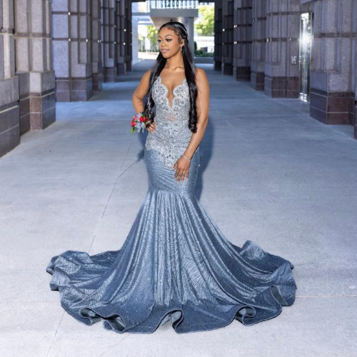 shea's prom dress SHEIN Faeriesty Off Shoulder Split Thigh Sequin Prom Formal Dress Blue NEW - Med